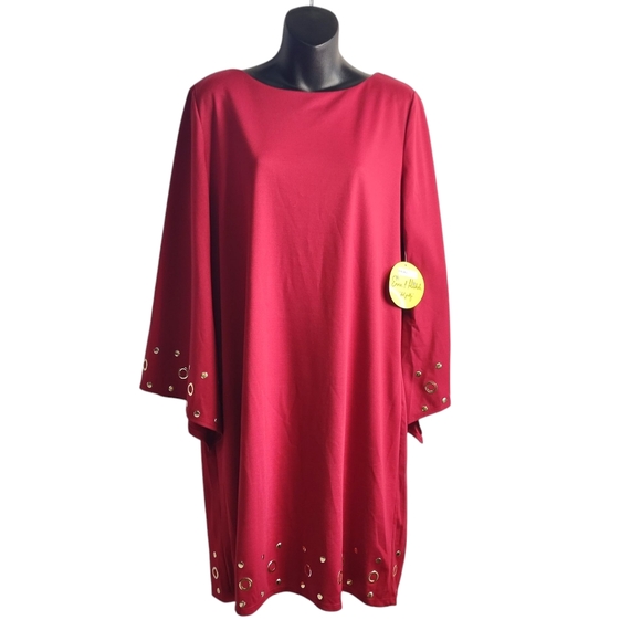 Emma & Michele Dress Women's Red 3/4 Flare Sleeve Studded Stretch Sz Large NWT - Picture 1 of 11
